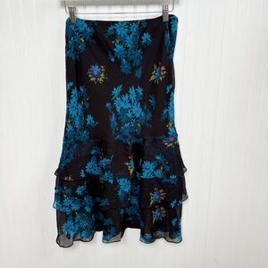Express Vintage Black & Blue 100% Silk Pull On Midi Skirt Women’s Size Small